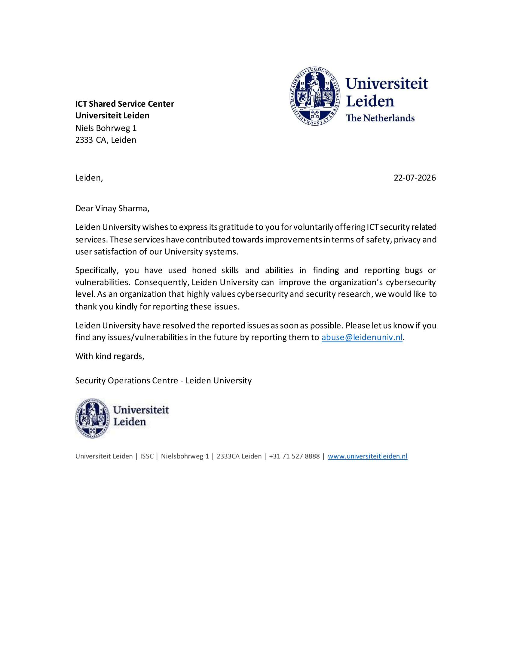 Appreciation letter from University of Leiden