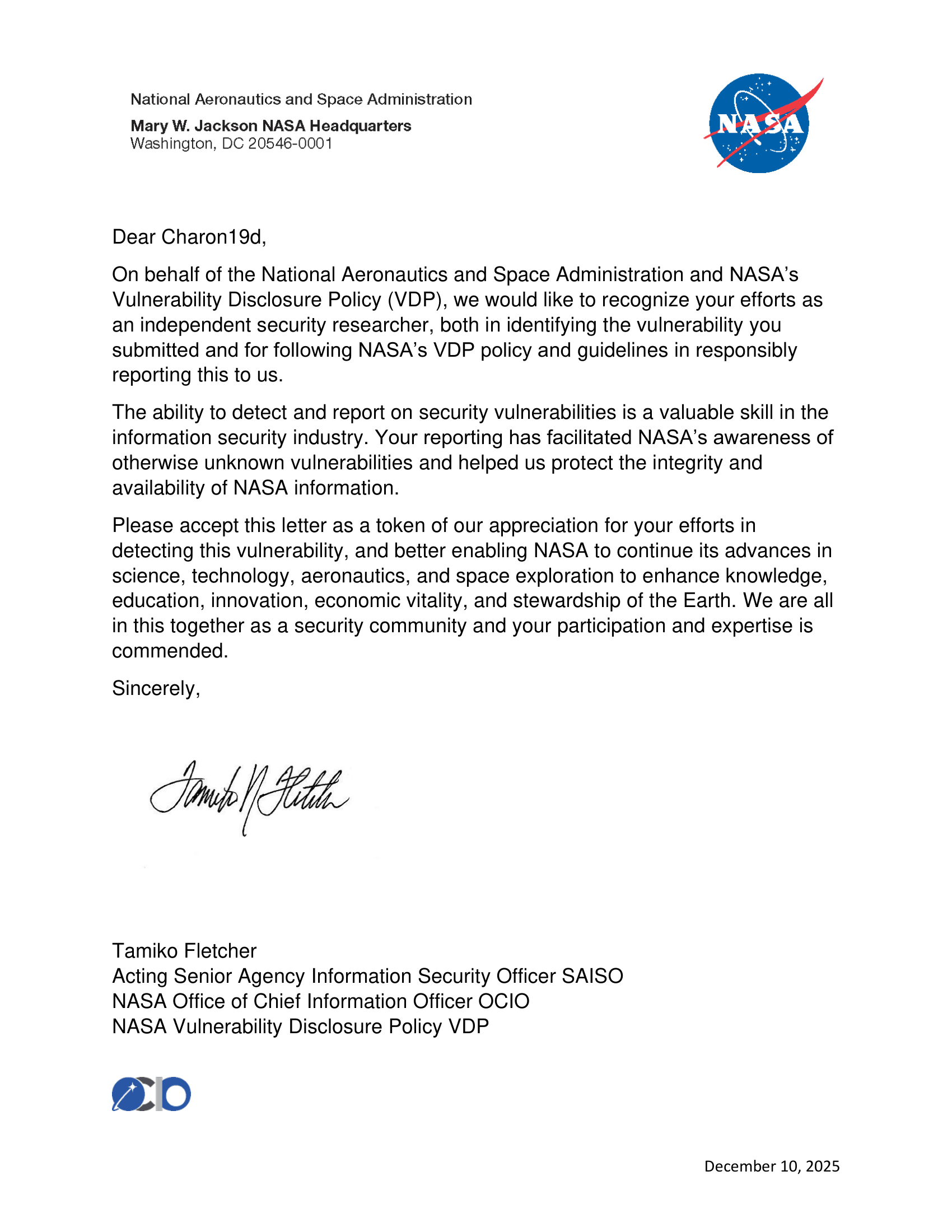 Appreciation letter from NASA