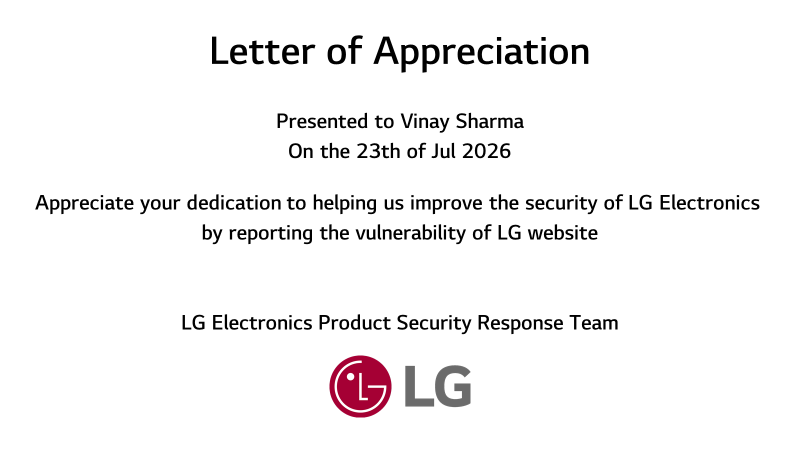 Appreciation letter from LG Electronics